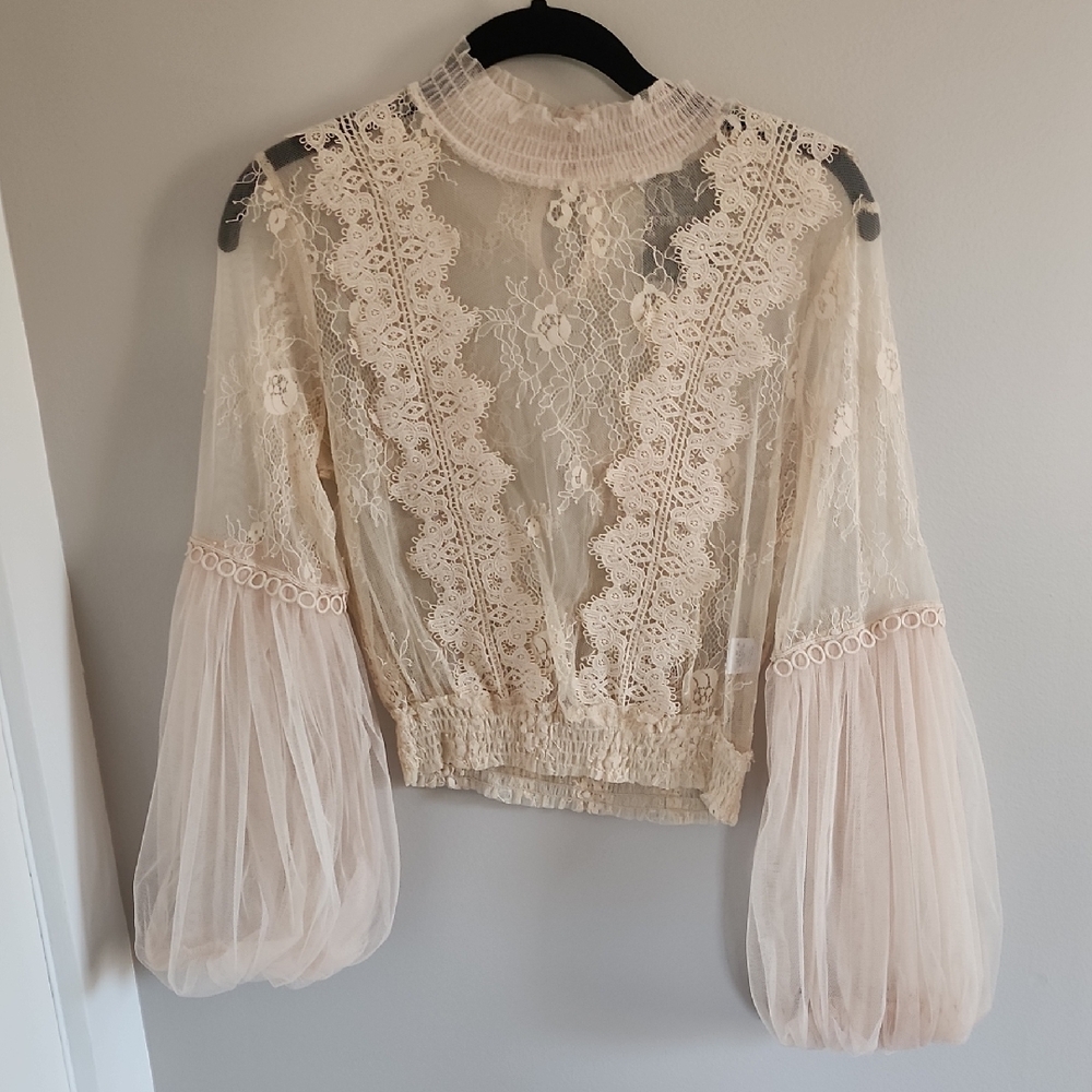Forever 21 Sheer Lace High-Neck Blouson Sleeve Top - Cream